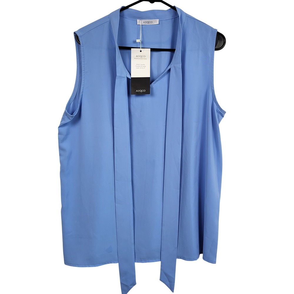 AUQCO Womens Sleeveless Blouse XL Blue Tie Neck Office Top NWT Lightweight
